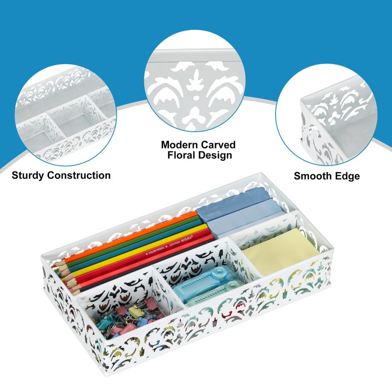 EasyPAG Desk Drawer Organizer with 4 Compartments, Carved Hollow Floral Metal Tray for Office, Jewelry, Cosmetics - No Assembly, White - Image 4
